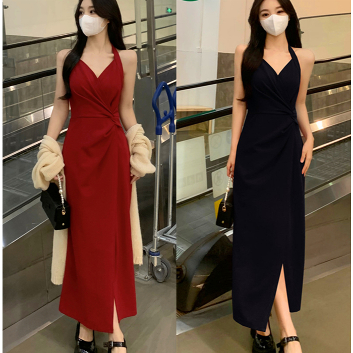 626 เดรสยาว คล้องคอ เก็บหน้าท้อง มี2สี ผ้าไหมบิด น่ารักหวาน สไตล์ฝรั่งเศส