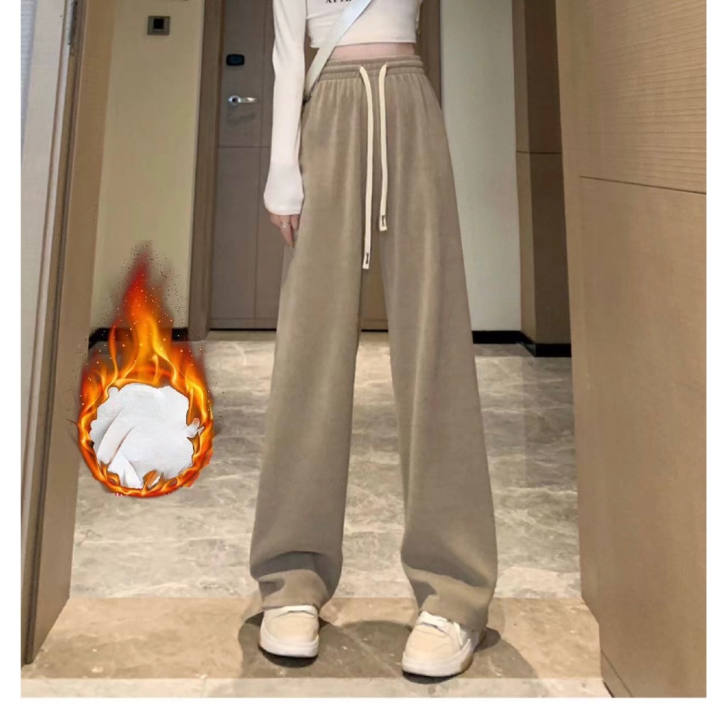 กางเกงขายาวลูกฟูกขายาวเอวสูง เอวยางยืดมีเชือก ขายาว ผ้าลูกฟูกหนานุ่มมีขนมิ้งด้านใน กางเกงขนกำมะหยี่