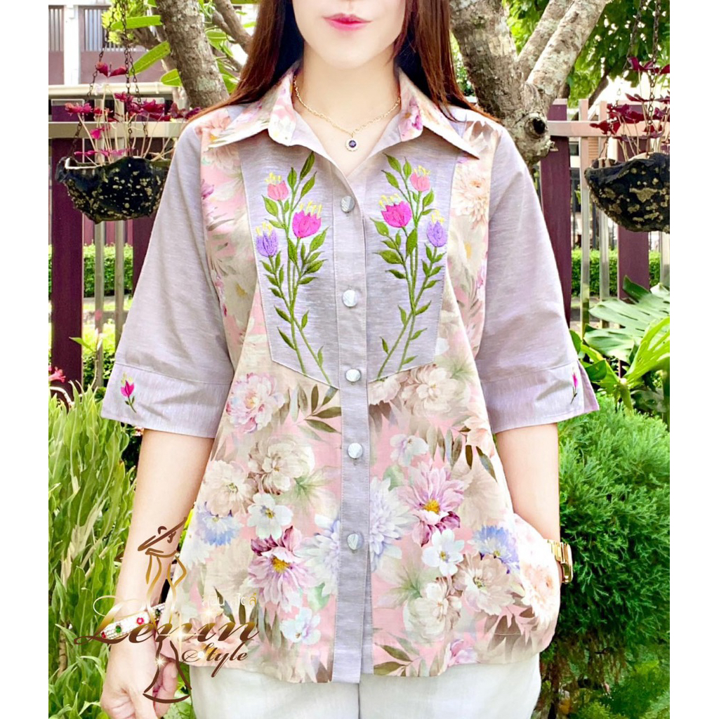 เสื้อเชิ้ตผู้ใหญ่ เสื้อลายดอกไม้ ใส่ออกงานสวยสุภาพ