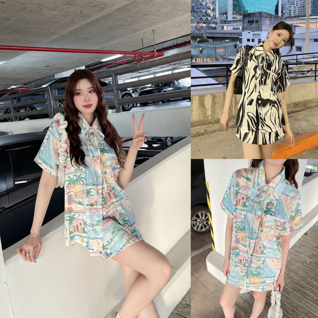 SLYQ SOSHA PRINTED SHIRT & SKORTS SET ชุดเซ็ตเสื้อเชิ้ตแขนสั้นคอผูกโบว์  และ กระโปรงกางเกง