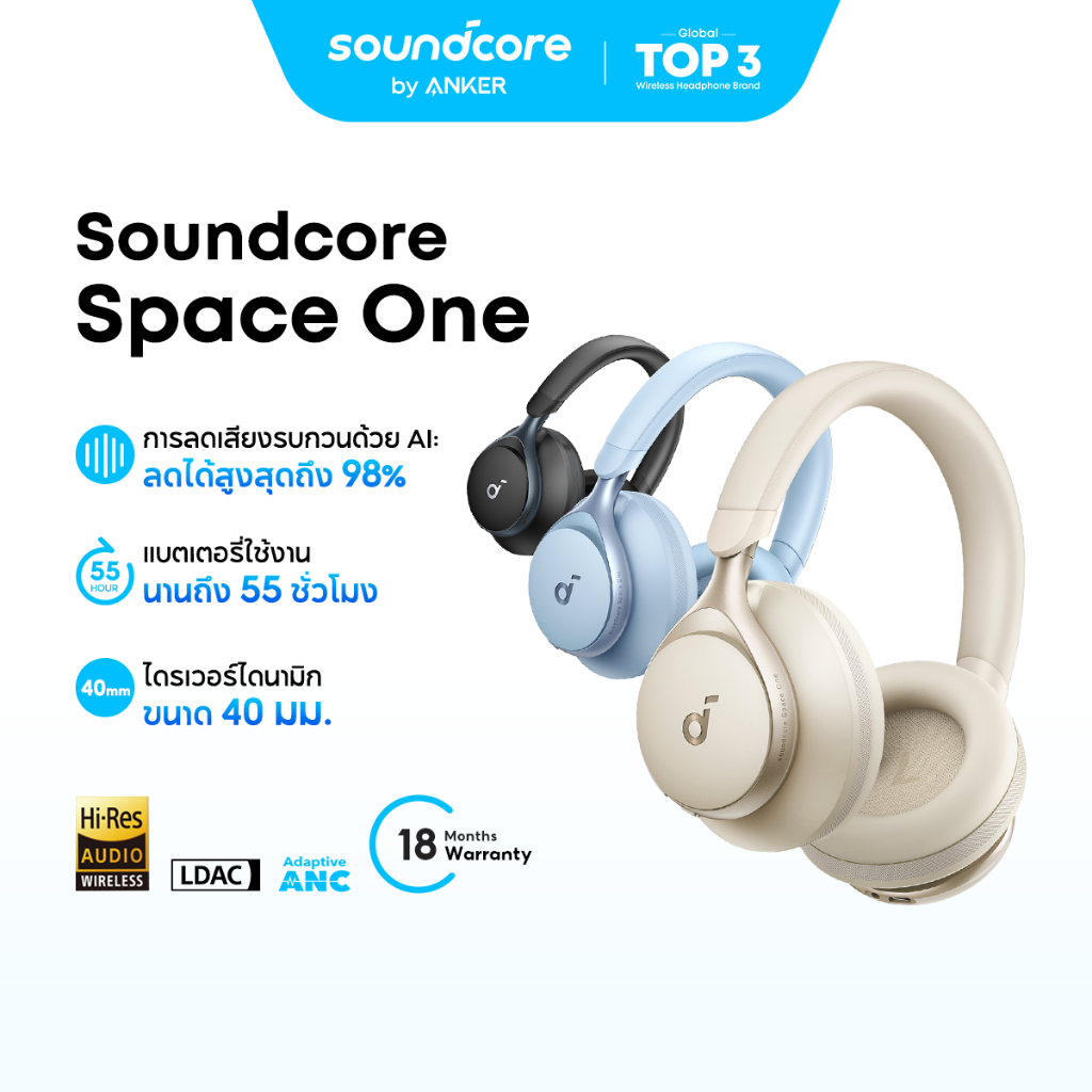 Soundcore by Anker Space One S1 headphone bluetooth หูฟังบลูทูธไร้สาย หูฟังตัดเสียงรบกวน LDAC Hi-Res ANC 55H A3035