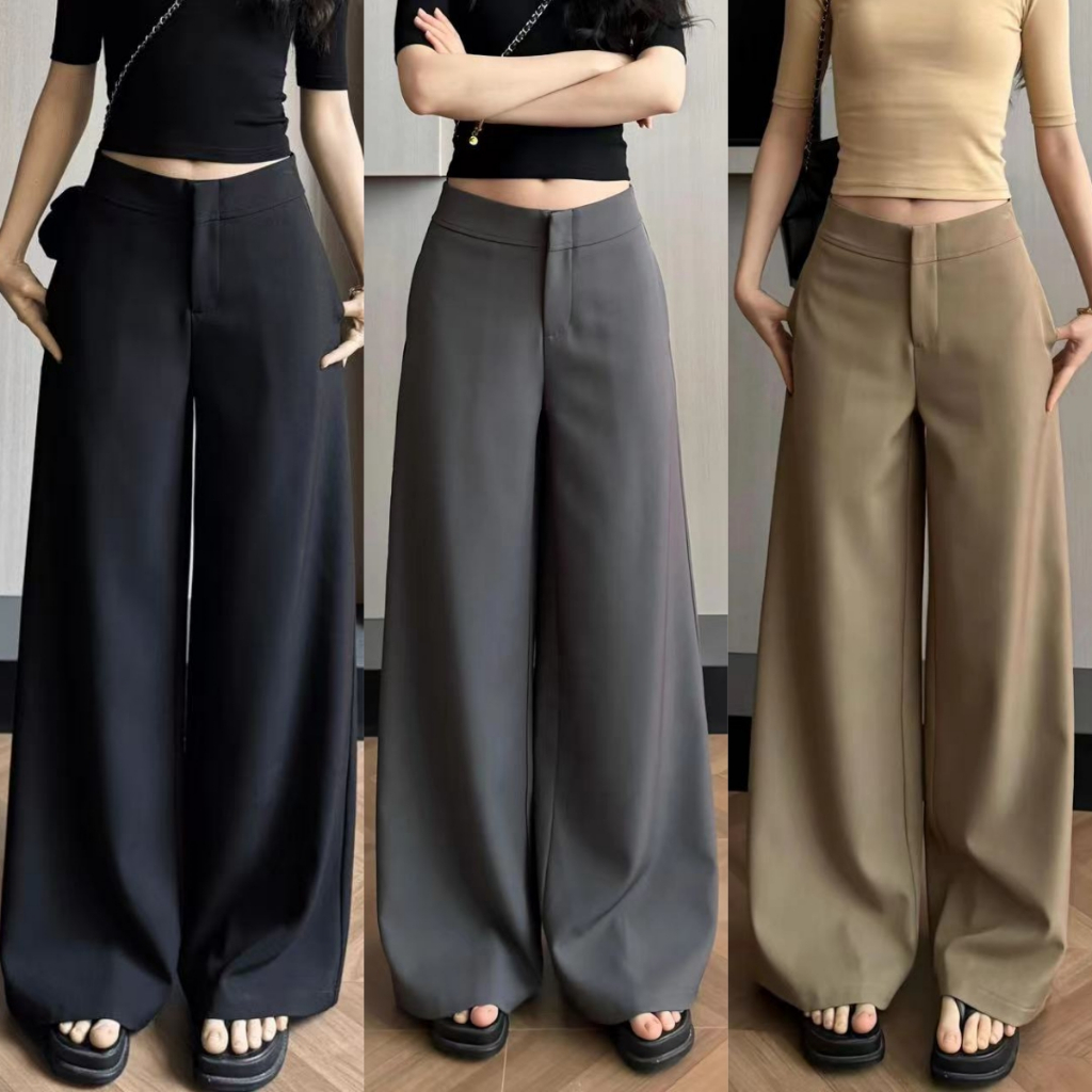 กางเกงสูทขากว้างผู้หญิง กางเกงขายาวทรงตรง เอวสูง ลำลอง สีพื้น ใช้งานได้หลากหลาย จัดส่งจากกรุงเทพฯ