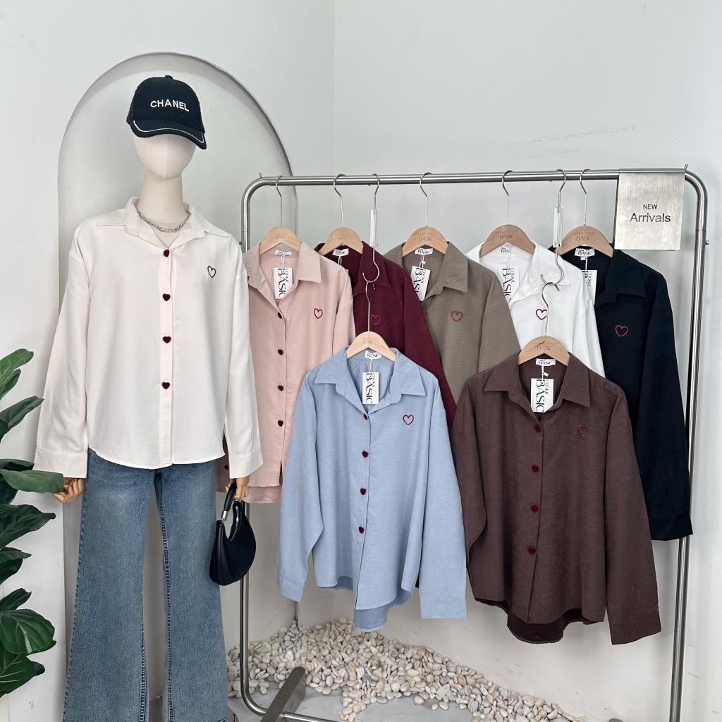 Mook_shop เสื้อเชิ้ตแขนยาวปักหัวใจกระดุมหัวใจ เสื้อผ้าแฟชั่น เสื้อผ้าผู้หญิง