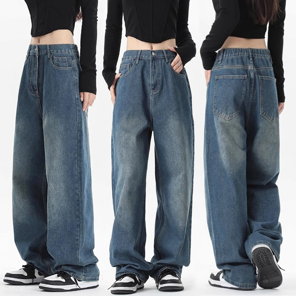 S~5XL Baggy jeans for women Blue Denim กางเกงยีนส์ขายาว กางเกงยีนส์สีดำ กางเกงขายาวทรงตรง ทรงหลวม เอวสูงHOT