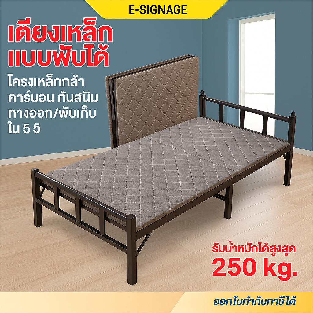 เตียงพับได้ รองรับน้ำนักได้เยอะ 300-500kg สีดำ [เหล็กหนาพิเศษ] ไม่ต้องประกอบ พับได้ เก็บง่าย