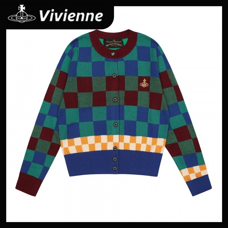 vivian westwood✨JP VIVI เสื้อถัก สีตัดกัน เสื้อคาร์ดิแกน vivian ปักดาวเสาร์ เสื้อโค้ท เสื้อกันหนาวถั