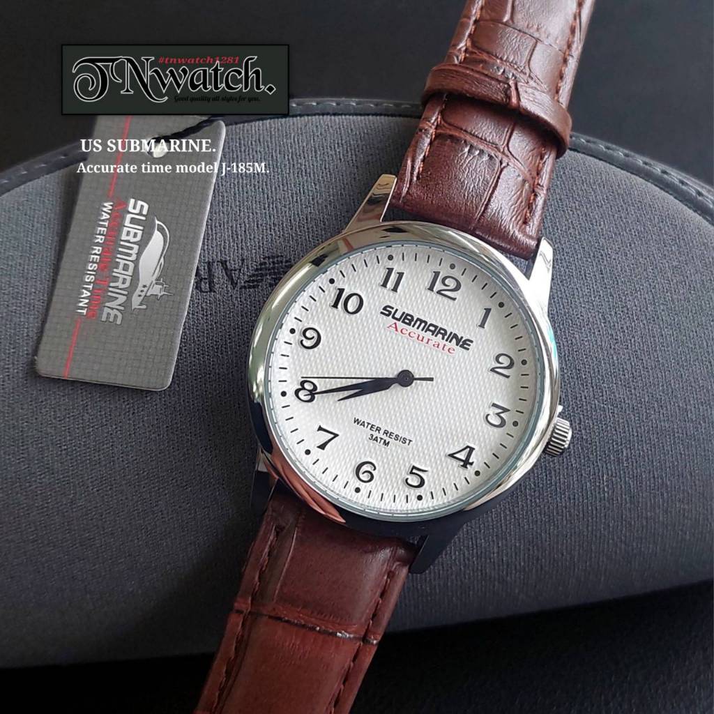 us submarine นาฬิกาผู้ชาย รุ่น J-185M นาฬิกาข้อมือสายหนัง ตัวเรือนสีเงินสายดำและน้ำตาล วัยรุ่นผู้ใหญ่ใส่ได้ กันน้ำ100%