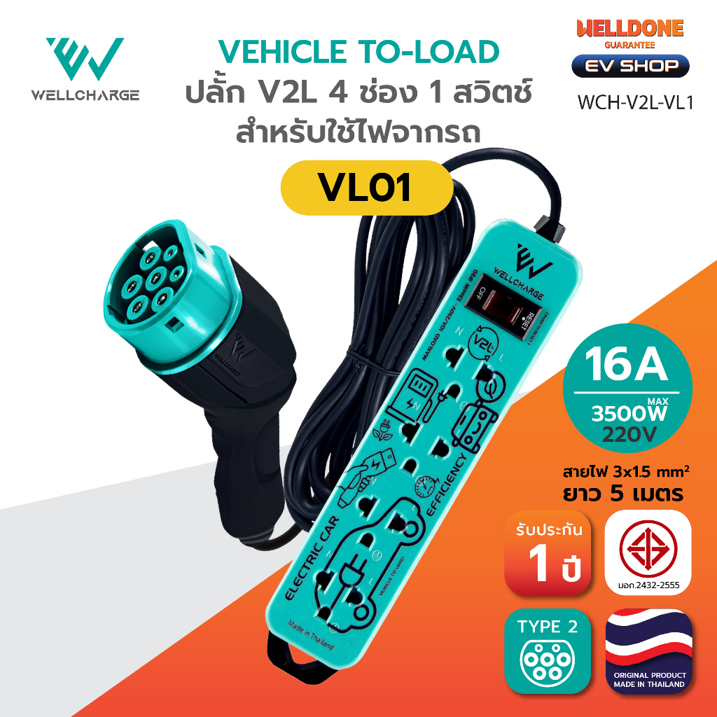 [Wellcharge] ปลั๊ก V2L ใช้เสียบไฟจากรถไฟฟ้า Aion Deepal Jaecoo MG สายยาว 5M เต้ารับ 4 ช่อง/1 สวิตช์