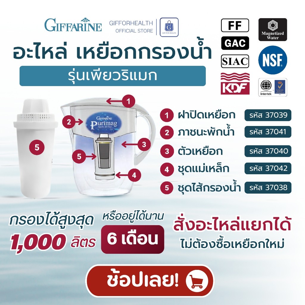 อะไหล่ เหยือกน้ํา เครื่องกรอง น้ําดื่ม เพียวริแมก กิฟฟารีน น้ําดื่มแร่ กรองตะกอน giffarine
