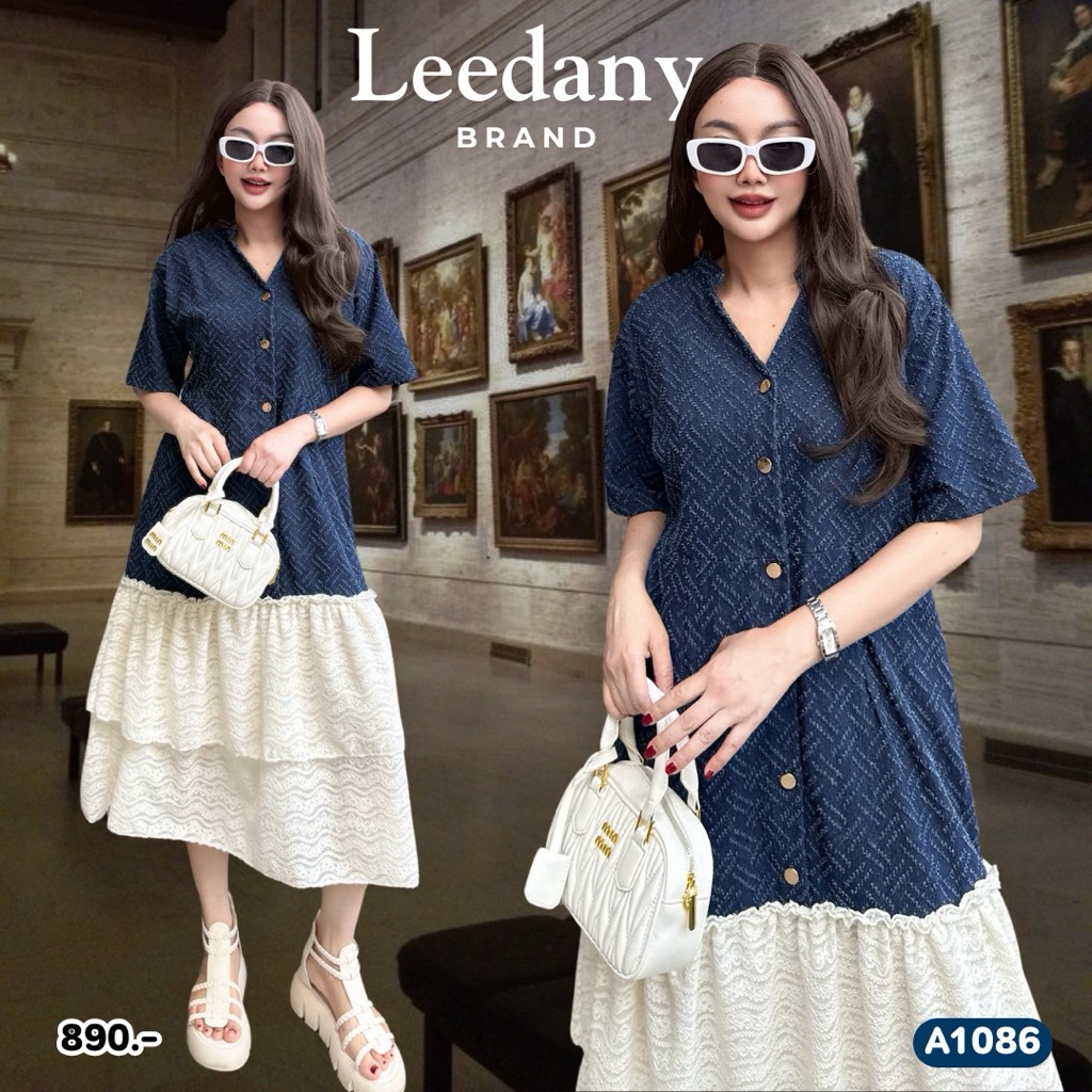 A1086 เดรสยีนส์สะกิดลาย ตัดต่อชายลูกไม้ขาว