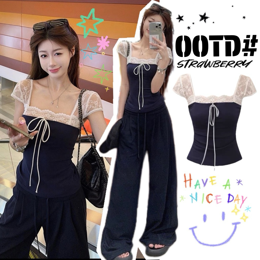 STR พร้อมส่ง🍦🫐เสื้อครอปแต่งลูกไม้ ดีไซน์โบว์เก๋ๆเสื้อยืดแขนสั้นผู้หญิง คอสี่เหลี่ยมทรงสวย สไตล์ฝรั่งเศส สำหรับผู้หญิง