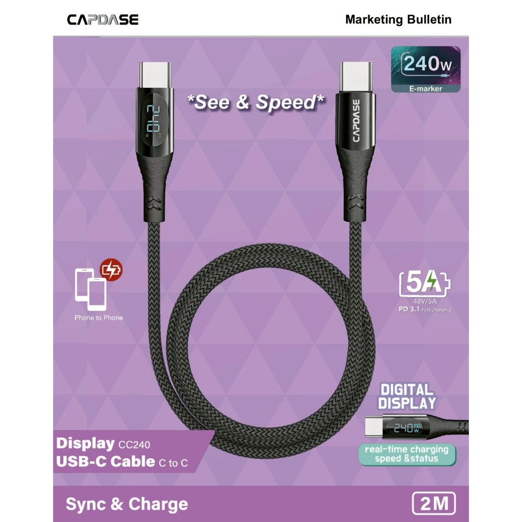 สายชาร์จ / CAPDASE USB Cable Sync&Charge Type C to C / รุ่น Display cc240  5A 240W