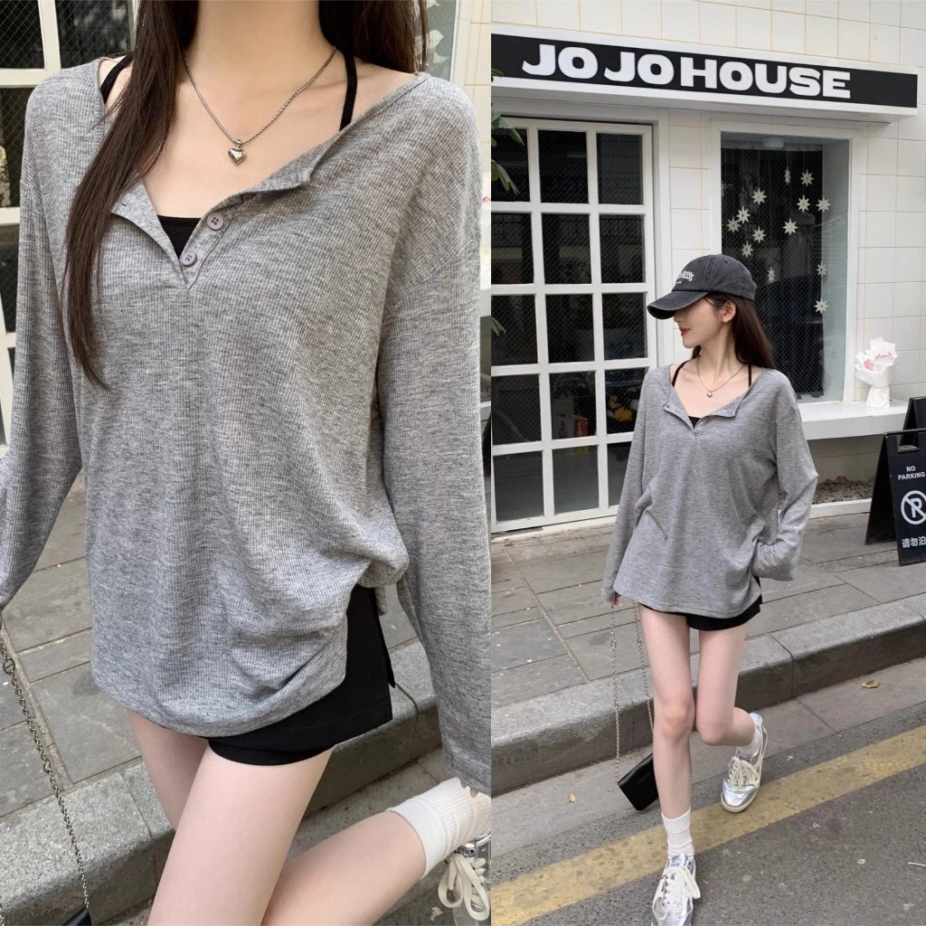 3สี เสื้อยืดทรงหลวม เสื้อยืดคอวี ทรงหลวม ออเวอร์ไซส์ กันเเดด กระดุมเเกะได้ #1502414