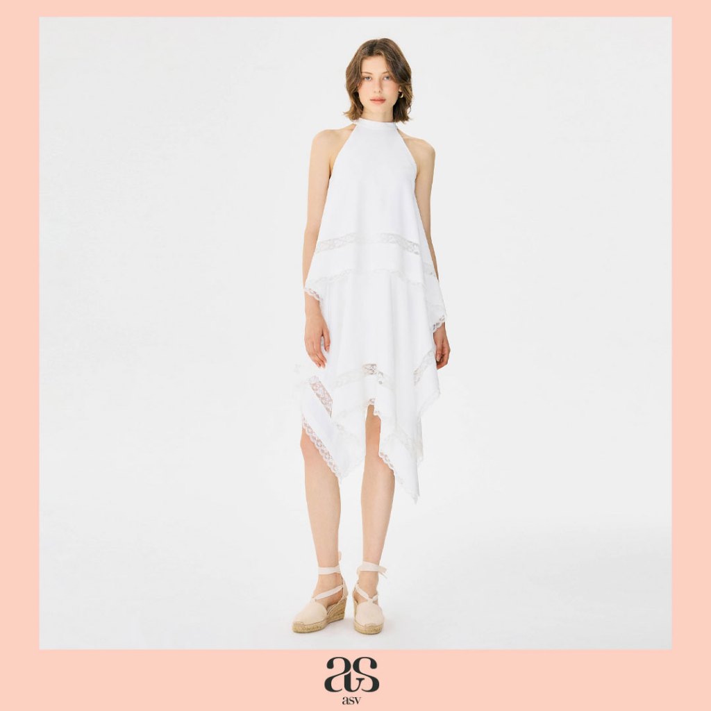 [asv aw25] Sonya Halterneck Dress เดรสผู้หญิง คล้องคอ ทรงผ้าเช็ดหน้า ดีเทลแทรกผ้าและชายลูกไม้ แต่งโล