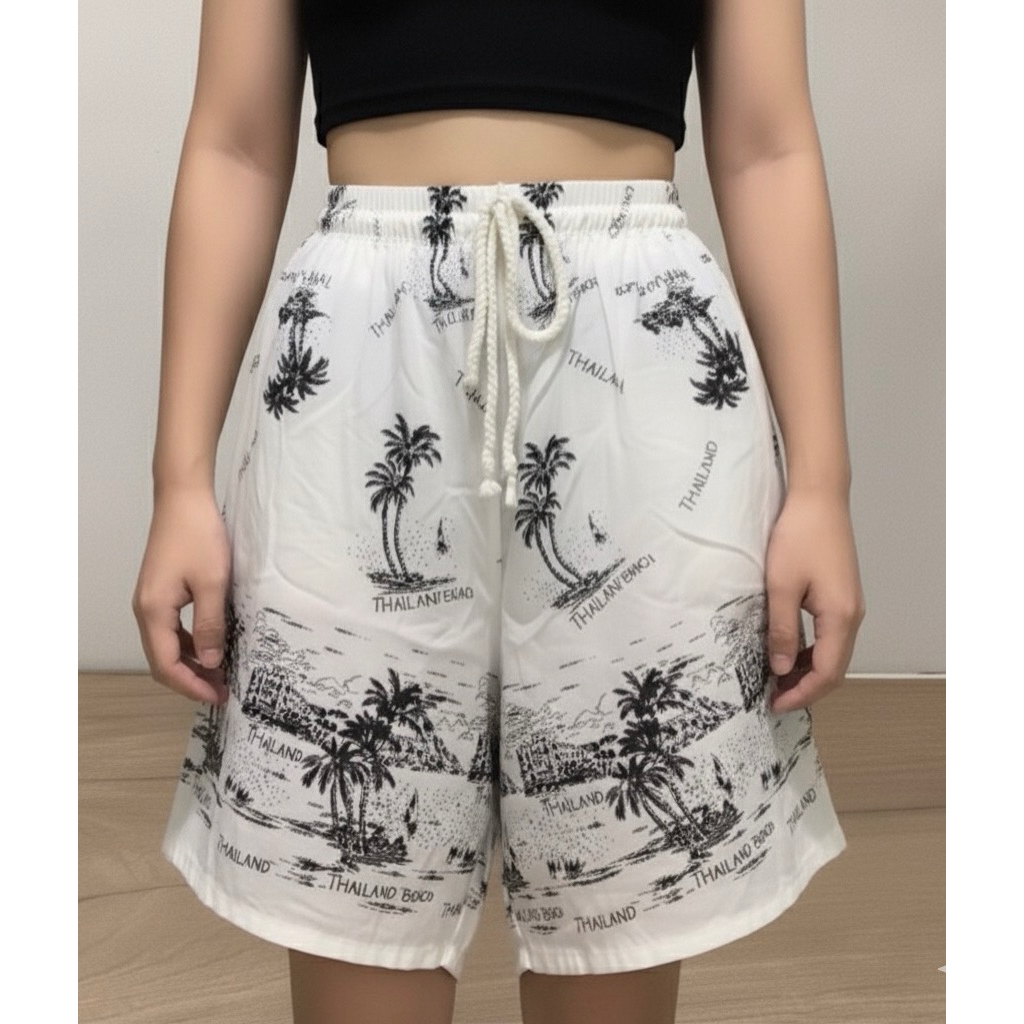 กางเกงขาสั้น พิมพ์ลาย ต้นมะพร้าว ขากว้าง ผ้าฝ้าย ใส่ได้ทั้งชายและหญิง