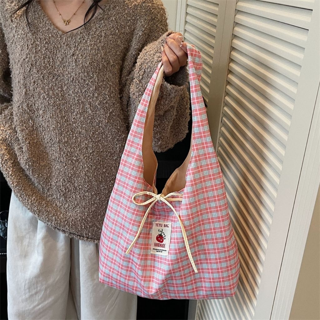 L270 กระเป๋าผ้าลายสก็อตผูกโบว์สีหวาน น่ารัก พร้อมส่งจากไทย