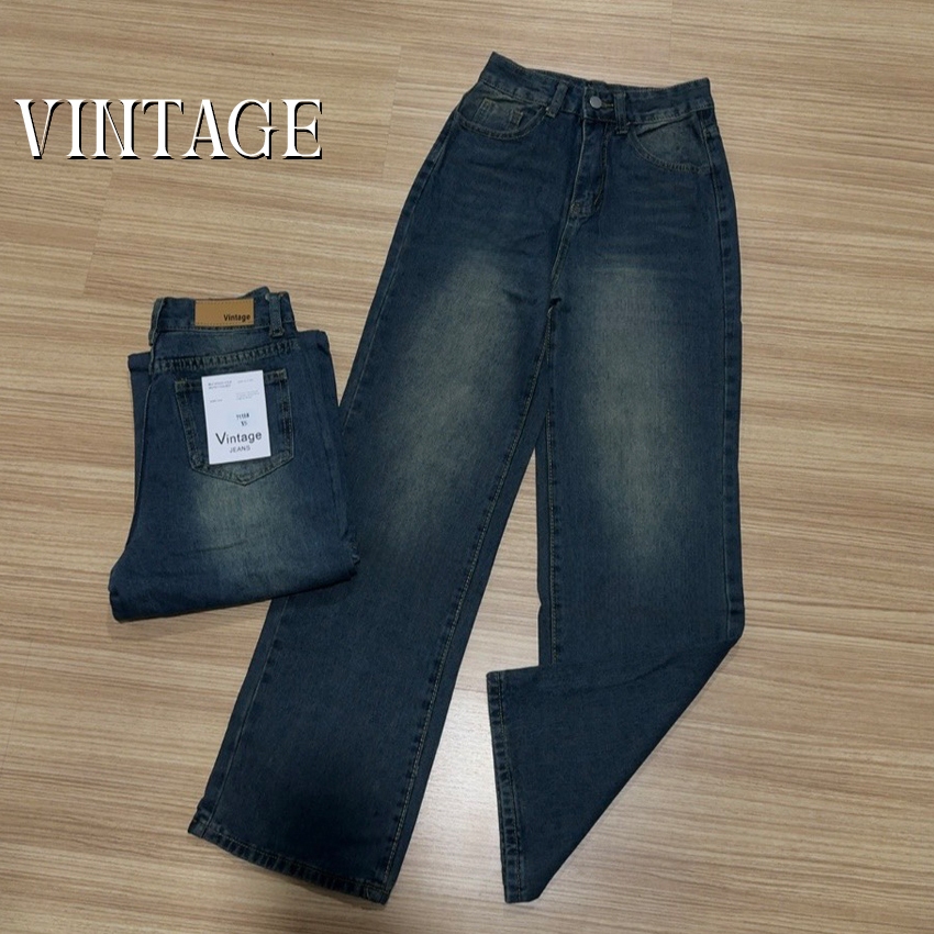 Vintage รุ่น #7118 กางเกงยีนส์ ทรงกระบอก แต่งเฟดขา ทรงสวยผ้าไม่ยืด