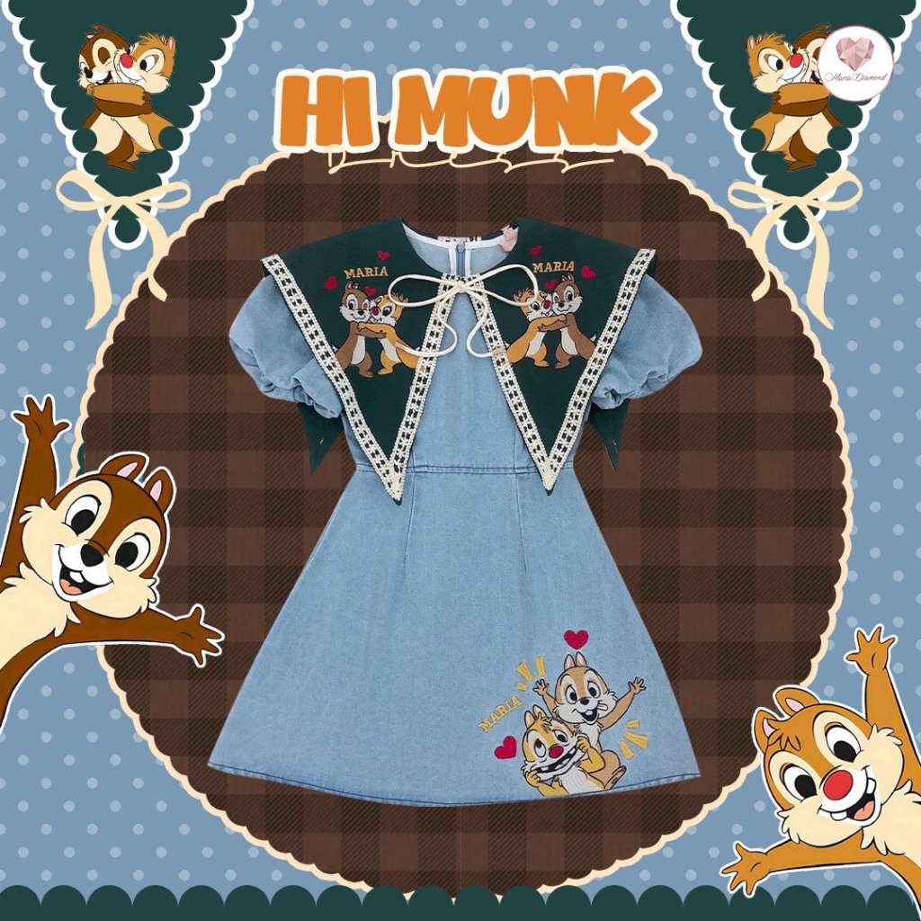 (มี3XL) Maria Diamond ยีนส์ Hi Munk Dress เดรสยีนส์งานปัก ปกกะลาสีงานปัก แขนสั้นปลายสม็อค ซิปหลัง