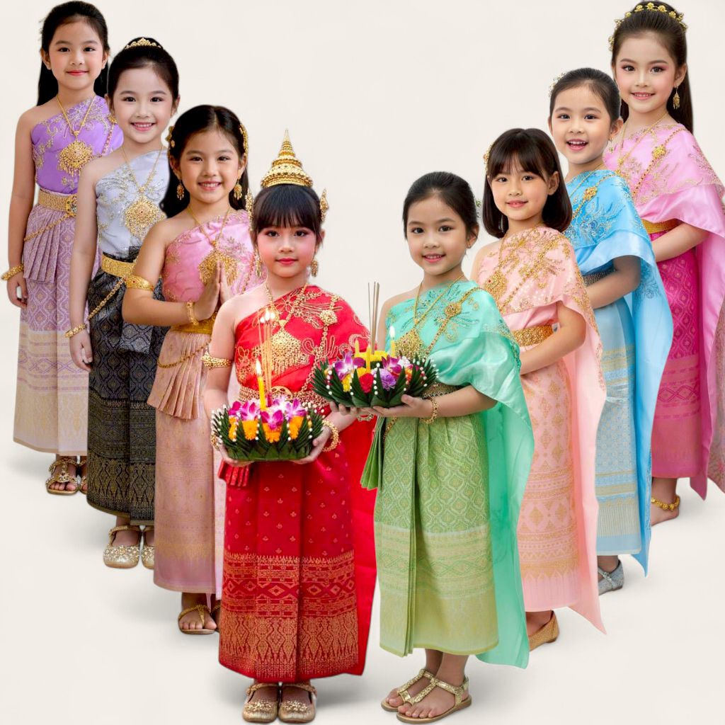 ชุดไทยสไบเด็กหญิงคู่กับผ้าถุงจับจีบผ้าใหมทอลาย ชุดไทยวันลอยกระทง ชุดประกวดนางนพมาศ(แถมเข็มขัด เข็มกลัด สังวาลย์)