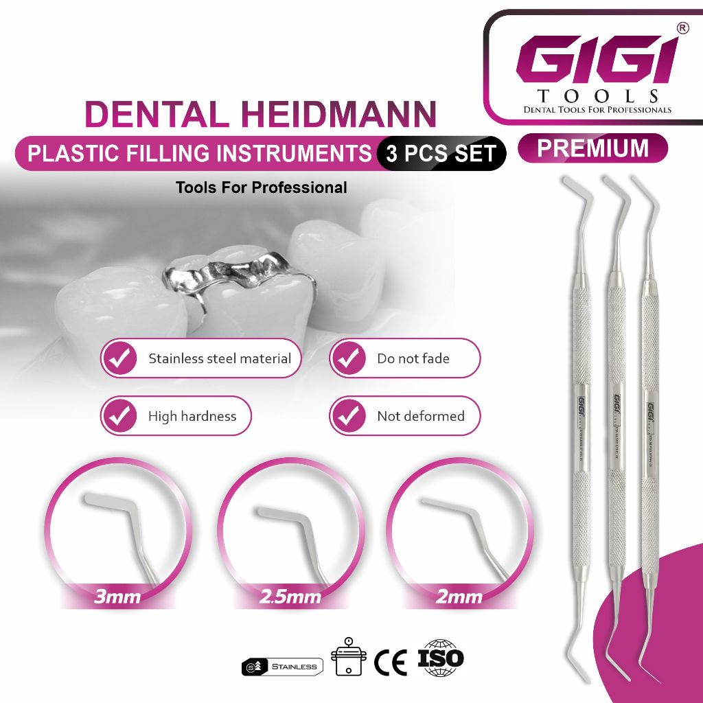 GIGI Tools Dental Flat Plastic Filling Premium Instruments Heightman 3Pcs Set Stainless Steel CE