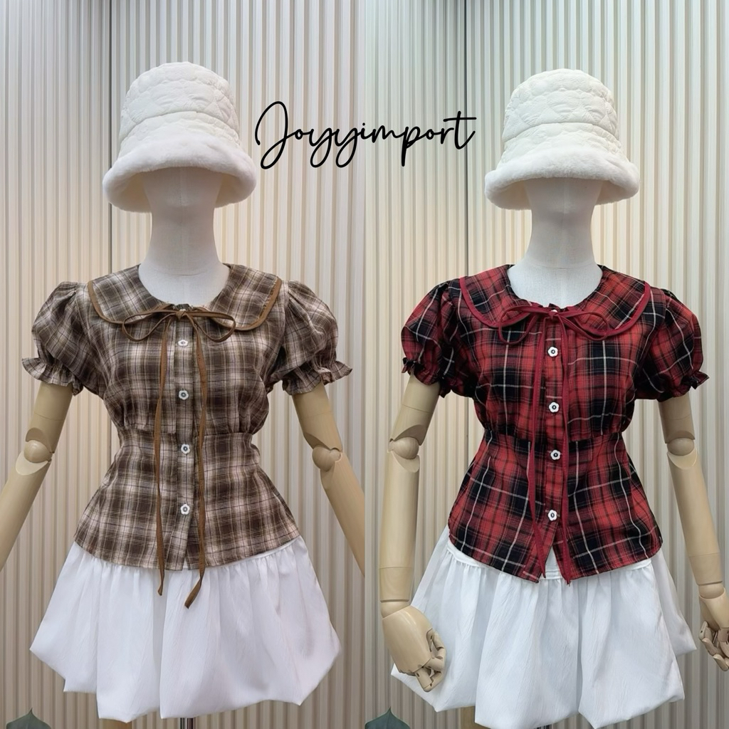เสื้อคอบัวกุ๊นโบว์คอมีสายผูกเอว (อก32-38) no.1044