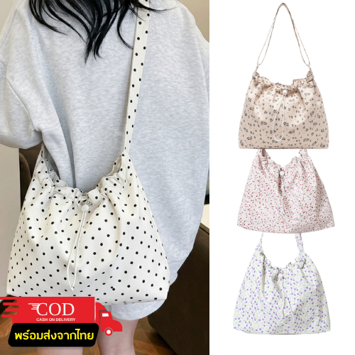 Rootote(R2066) กระเป๋าสะพายข้างผ้าไนล่อนลายดอกไม้-ปากกระเป๋ารูดเป็นทรงขนมจีบ