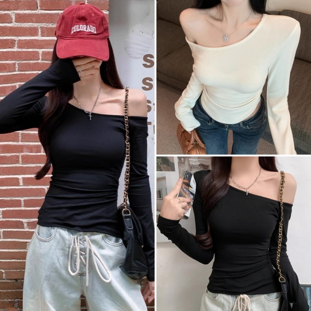 Hotgirl พร้อมส่ง เสื้อยืดแขนยาวเปิดไหล่ผู้หญิง ดีไซน์เข้ารูปพอดี สไตล์เกาหลีเซ็กซี่สีพื้นแฟชั่น