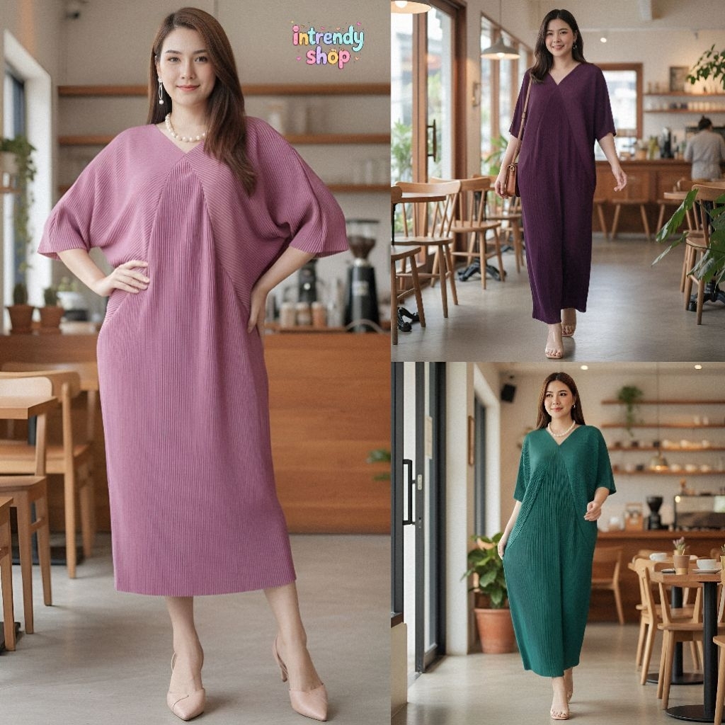 ใหม่.เดรสพลีทแขนค้างคาวสาวอวบ(อก 36 - 56 นิ้ว)ใส่สวย เป็นผ้าพลีทฮานาเล พลีทแน่นผ้าดีไม่บาง.