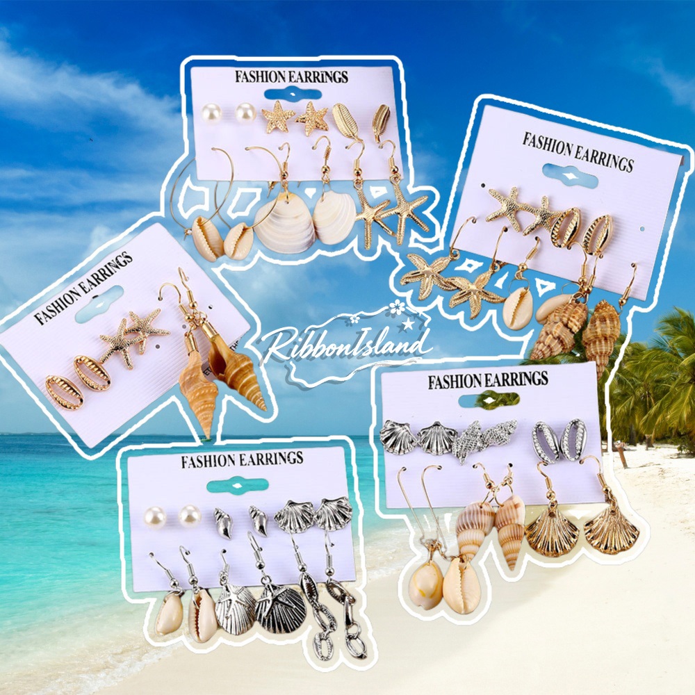 RIbbonIsland🖼️ต่างหู ต่างหูมุก หรูหรา แฟชั่น ทอง ริมทะเล เปลือกหอย ไข่มุก ปลาดาว ท่องเที่ยว COD