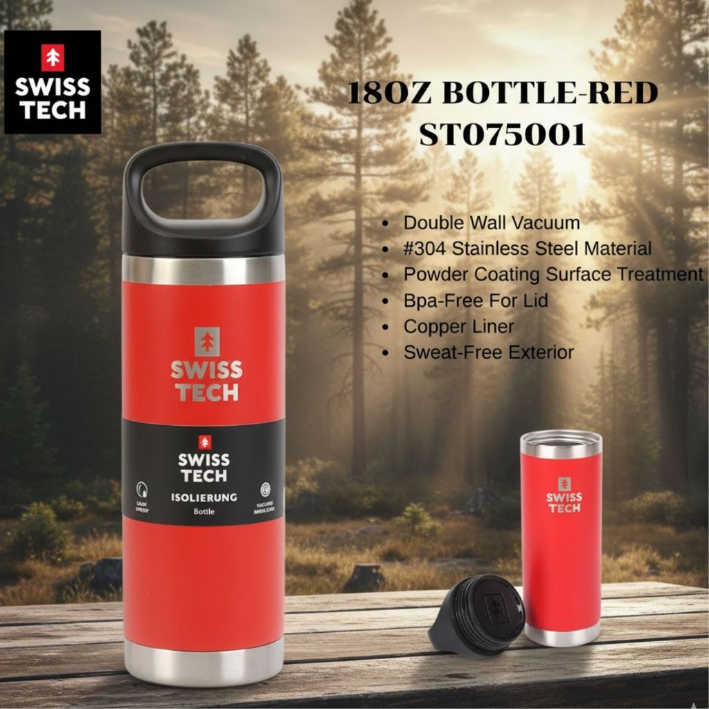 SwissTech กระบอกน้ำเก็บอุณหภูมิแบบสุญญากาศ (Insulated Water Bottle) 18Oz. / 532ml. รุ่น สีแดง (ST075001) สีดำ (ST075003)
