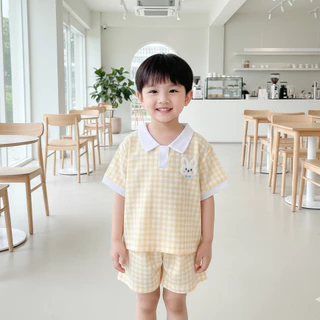 Babyonline(Y488)B3 (ส่งด่วน1วัน)ชุดเซ็ตแฟชั่นเด็กเสื้อแขนสั้นคอปกกางเกงขาสั้นลายสก็อต น่ารัก