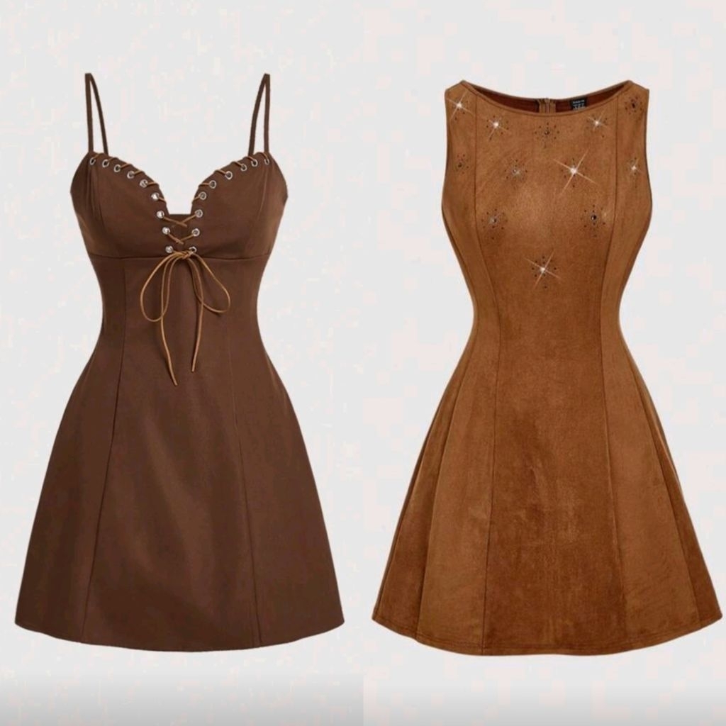 ชุดเดรสสา​ยเดี่ยว​ สายรูดด้านหน้า​ แต่งโลหะ​ สไตล์​วินเทจ​ สีน้ำตาล​ I พรี​ออเดอร์​