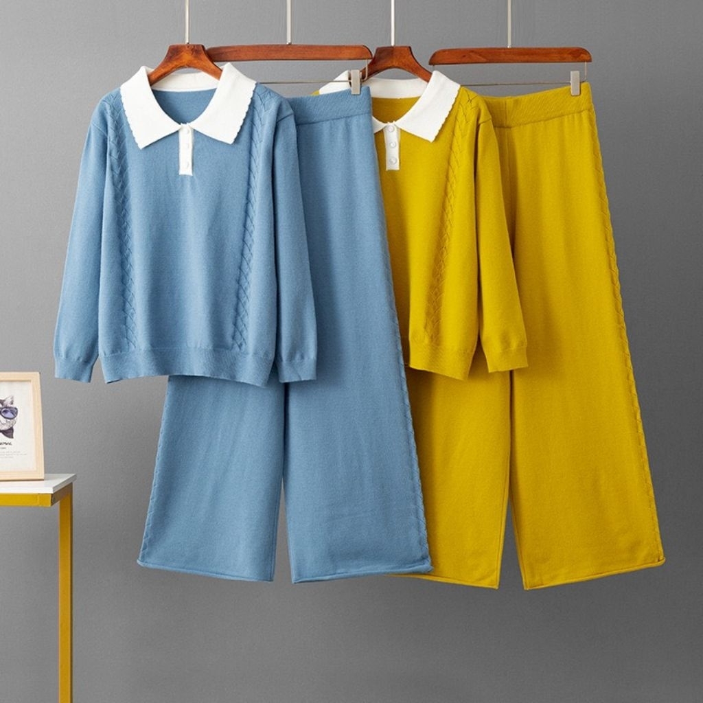 BP12 ชุดเซตAirport look ผ้าไหมพรมknitting เสื้อคอปกสามารถปลดกระดุมได้ 2 เม็ด