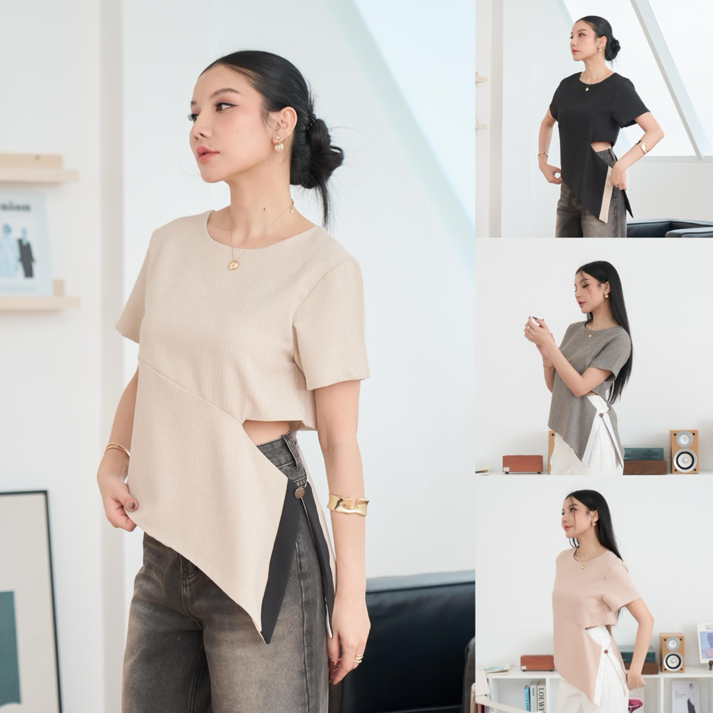 NOELLE TOP (เฉพาะเสื้อ) เสื้อคอกลมแขนสั้นแต่งชายเว้าสีตัด