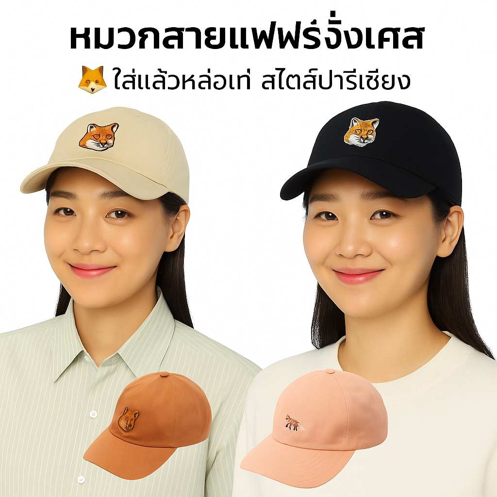 🇰🇷หมวก Maison Kitsuné Large Fox Head ปักโลโก้จิ้งจอก สีน้ำเงินเข้มของแท้ 🇫🇷🦊 preorderoppa