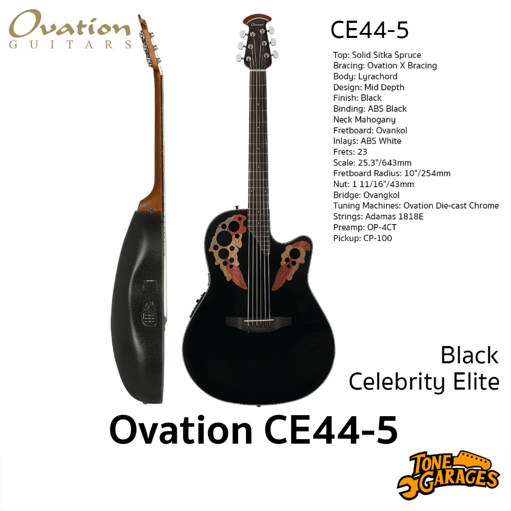 Ovation Guitar CE44-5 กีต้าร์โปร่งไฟฟ้า หลังเต่า สี ดำ