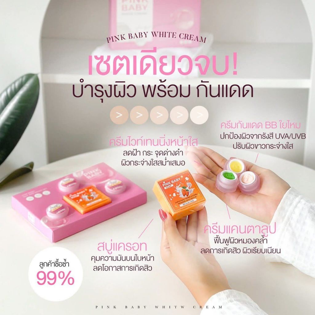 (ของแท้ พร้อมส่ง) Pink Baby Set  พิ้งค์เบบี้ ครีม เซ็ต พร้อมส่ง ขนาด 3g./ 5g. /12g. และ 15g. (แพ็คเกจใหม่ 1เซ็ตมี 4ชิ้น)
