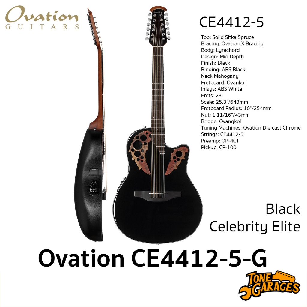 Ovation Guitar CE4412-5-G Black 12-String Acoustic Guitar กีต้าร์โปร่งไฟฟ้า 12 สาย หลังเต่า สี ดำ