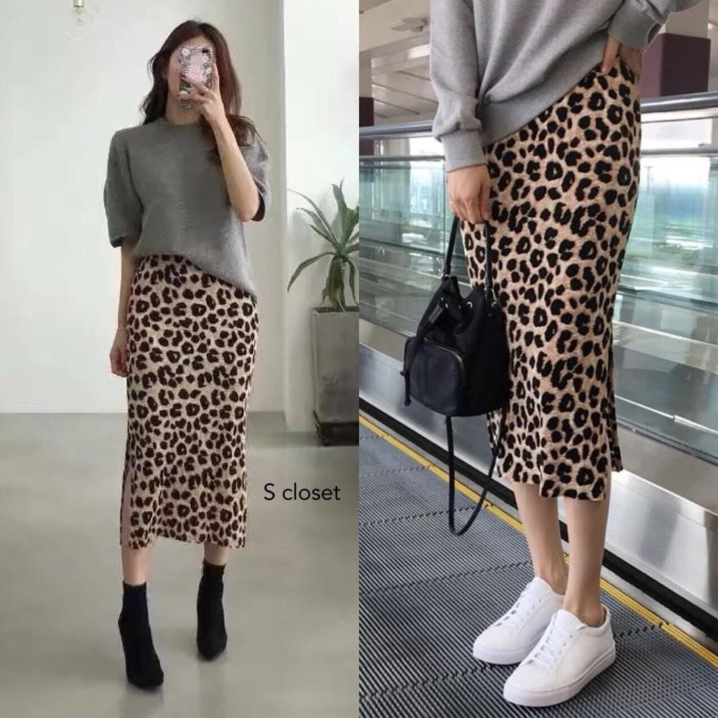 กระโปรงลายเสือดาว (Leopard print skirt) ผ้ากำมะหยี่ขนนุ่มผ่าสองข้าง