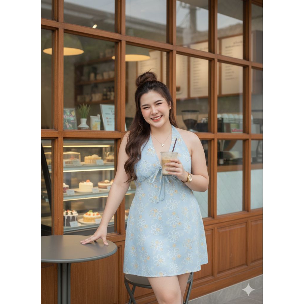 HPS มินิเดรสผูกคอ ลายดอกไม้ สม็อคหลัง