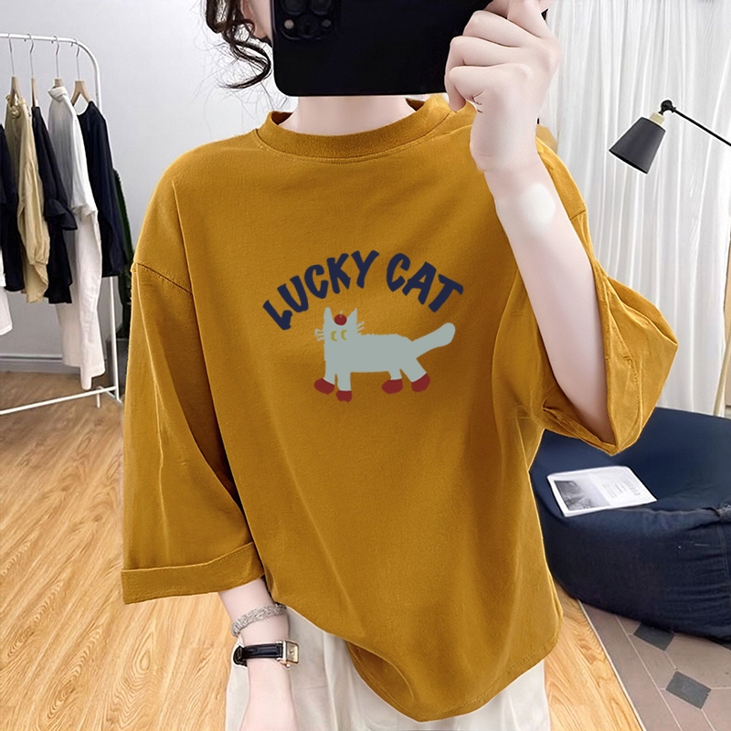 เสื้อแขนสามส่วนผู้หญิงอวบ oversize เสื้อผ้าสาวอวบไซส์ใหญ่แฟชั่นมาใหม่ เสื้อยืดสวยๆลําลองทรงหลวมสไตล์เกาหลี สกรีนลาวินเทจ