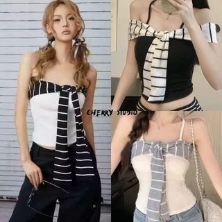 Cherry พร้อมส่ง☔️เสื้อเกาะอกผู้หญิง สีพื้น แขนกุด เสื้อครอปทรงรัดรูป ดีไซน์เชื่อกผูกหน้าอ เซ็กซี่แฟชั่นY2K สไตล์อเมริกัน