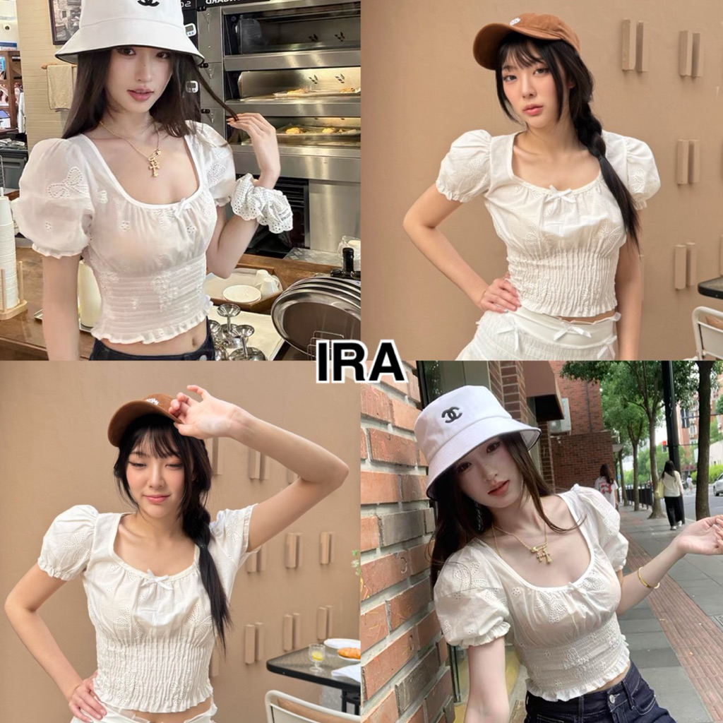 BY IRA Karishma Top เสื้อลูกไม้แขนพัฟ สไตล์หวาน แขนสั้น ปักฝรั่งเศส เสื้อผ้าผู้หญิง
