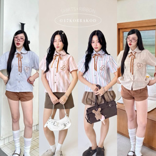 🌻เสื้อเชิ้ตคอปกแขนสั้น ดีเทลงานปักกระเป๋า+โบว์ผูกแยกชิ้น (Co…