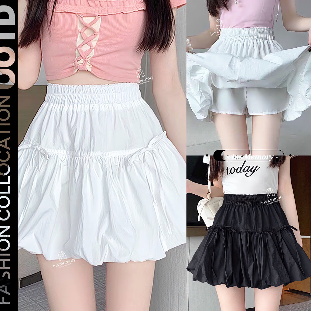 พร้อมส่ง กระโปรงสั้น ทรงบอลลูน เอวสม็อค ดีเทลแต่งประดับโบว์ ผ้าชีฟองน่ารักมาก มีซับใน ใส่ไปทะเล ไปคาเฟ่ งานสวยสุด