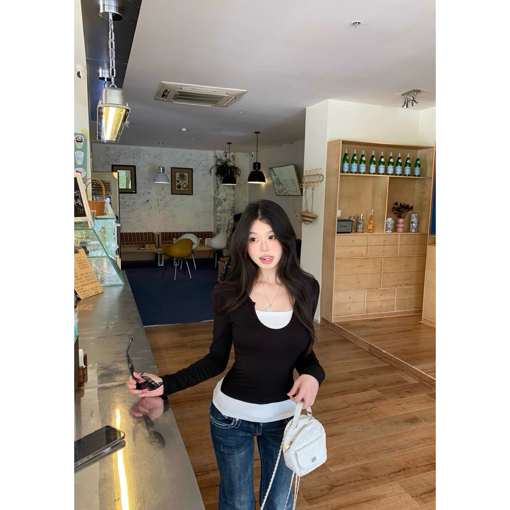 STR พร้อมส่ง🧺🍡เสื้อยืดแขนยาว เสื้อ2ชิ้นติดกัน ผ้าดีทรงเข้ารูป แต่งตัวง่ายใส่ได้ทุกวัน คิวีสีพื้น สไตล์ลำลองสำหรับผู้หญิง - รูปที่ 5