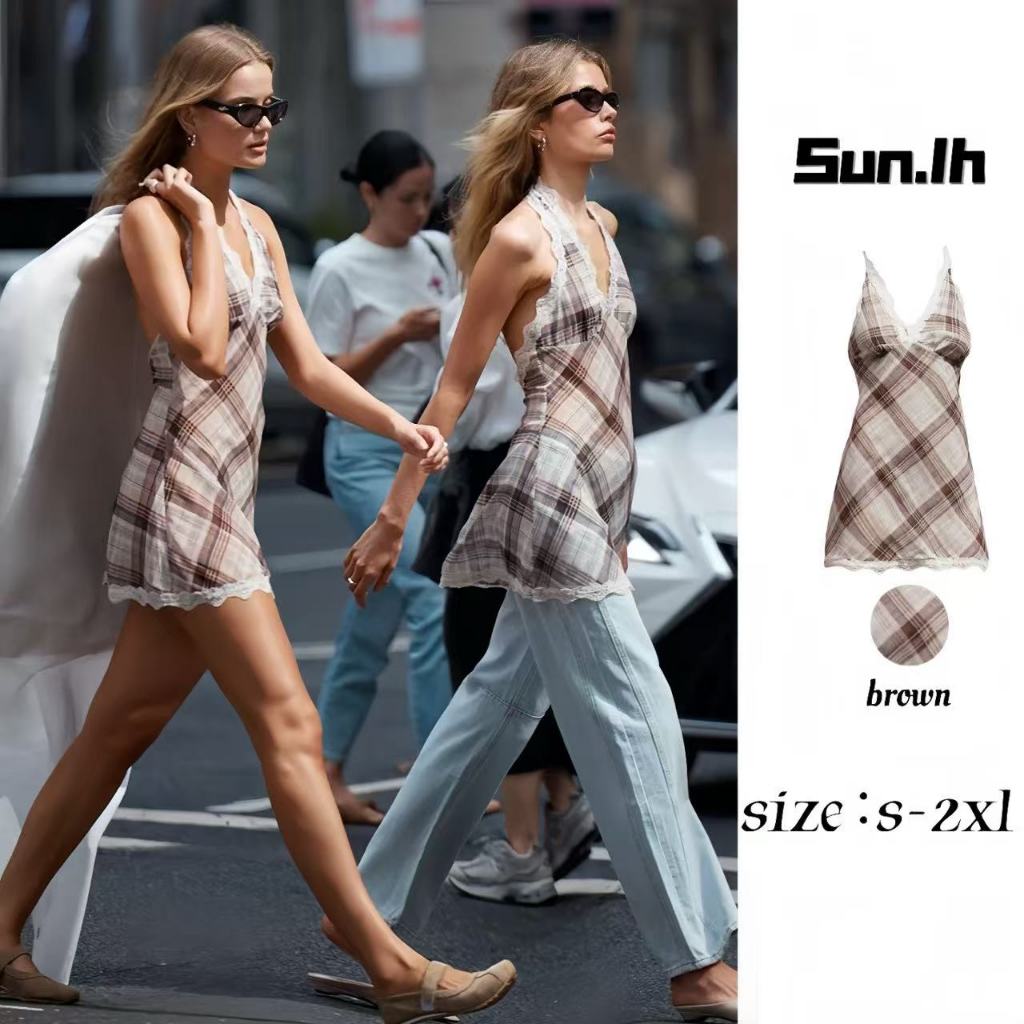 SUN ️พร้อมส่ง ️ชุดเดรสคอวีลายสก็อตลูกไม้เซ็กซี่สไตล์ยุโรปและอเมริกัน