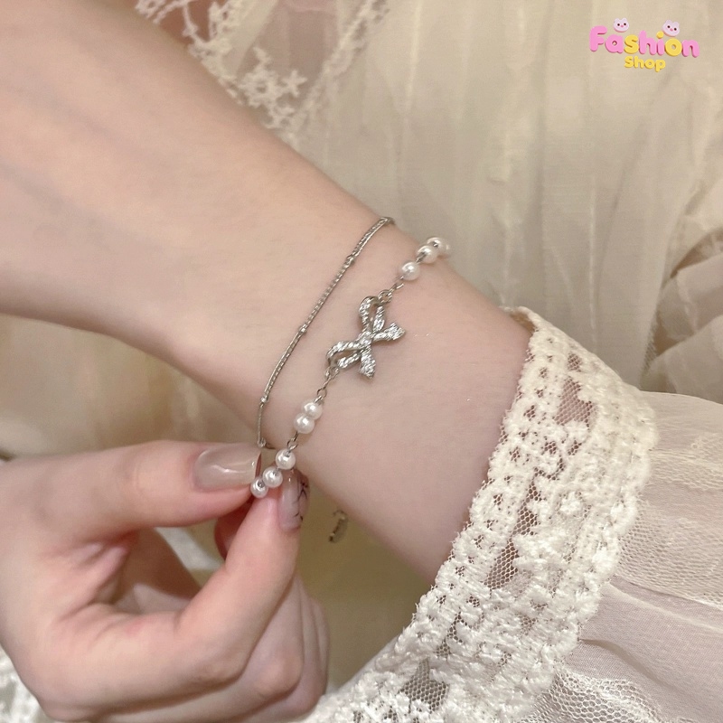 สร้อยข้อมือ bracelet โบว์ ไข่มุก ประดับเพชร หวาน สไตล์เกาหลี แฟชั่น สำหรับผู้หญิง ส่งเร็ว COD