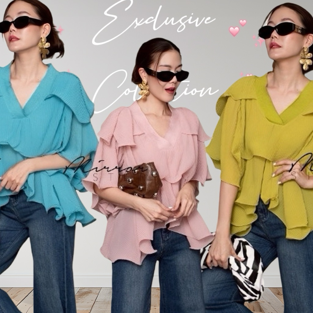MirrorsisteR 50930.1 • เสื้อชีฟองพลีทระบายหลายชั้น ดีไซน์คอวีทรงหลวมพลิ้ว