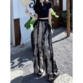 กางเกงขาบานสไตล์จีนลายพู่กันจีนสีดำขาวโบว์ผูกริบบิ้นWomen pants เกงเอวสูง หลวม กางเกงยาวกางเกงขายาว กางเกงสบายๆ